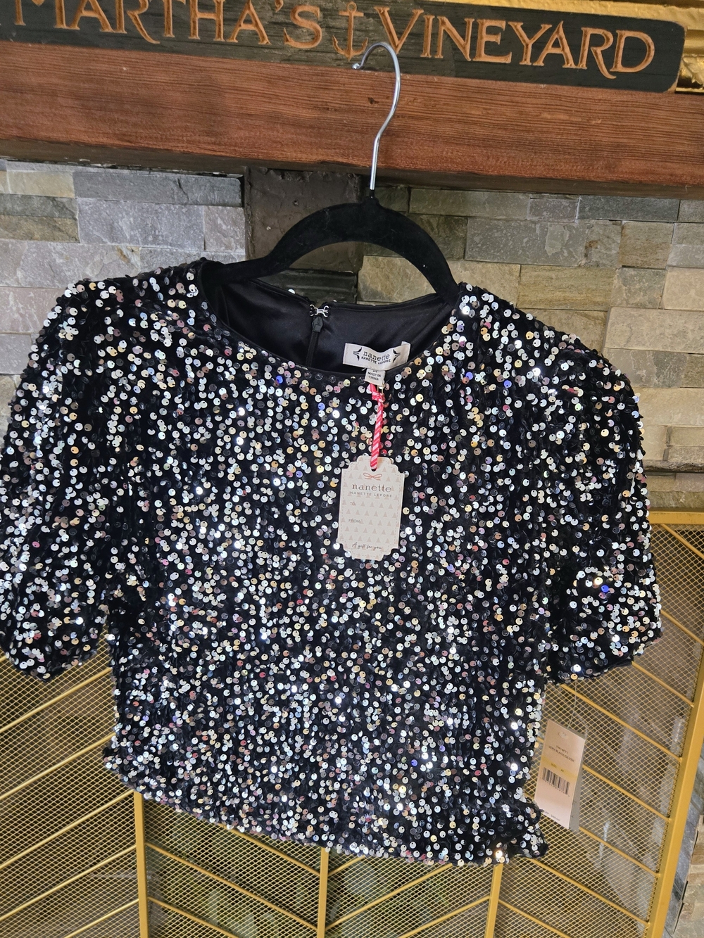 ​Nanette Lepore Black Silver Sequin Short Sleeve Holiday Top, NWT Size Medium